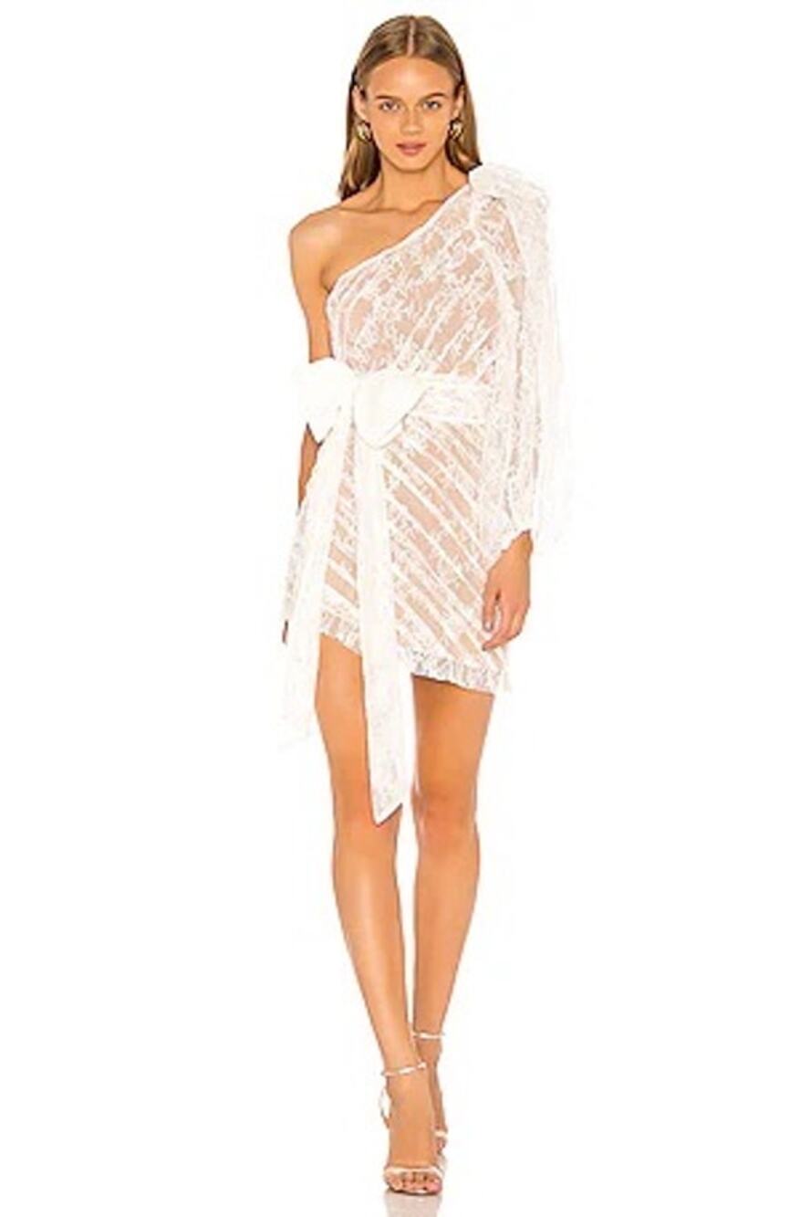 For Love & Lemons Dynasty One Shoulder Lace Mini Dress Bow Detail White M NWT